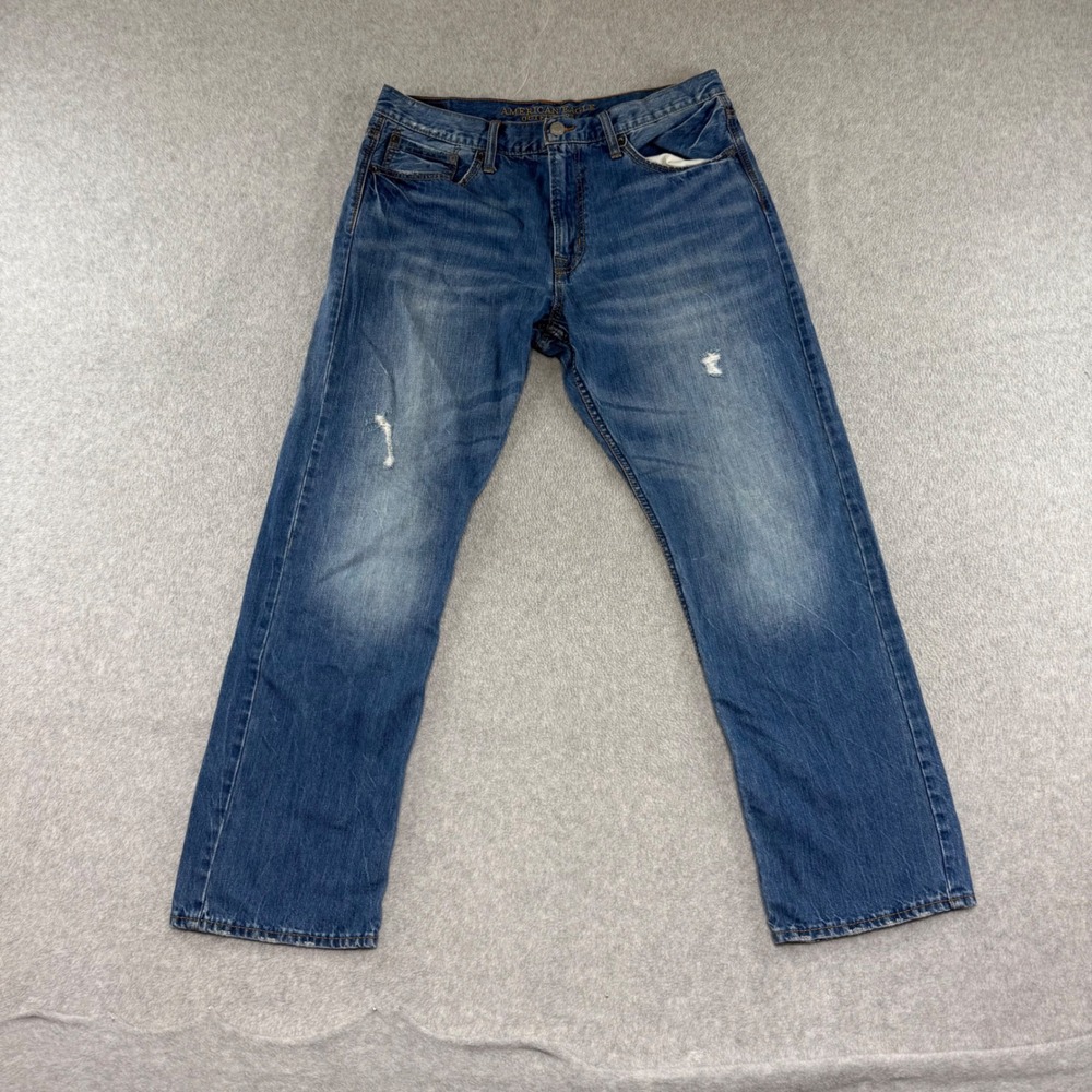 American Eagle Relaxed Straight Jeans Mens 36x32 y2k 2000s Blue Distressed Denim